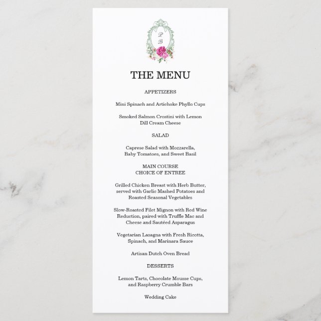 Menu Elegant Floral Pink Peony Monogram Wedding (Frente)