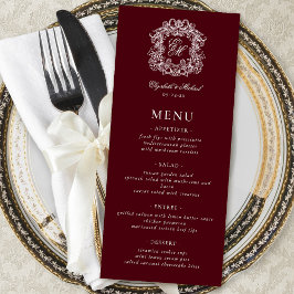 Menu Elegant Formal Monogram Crest Burgundy Wedding