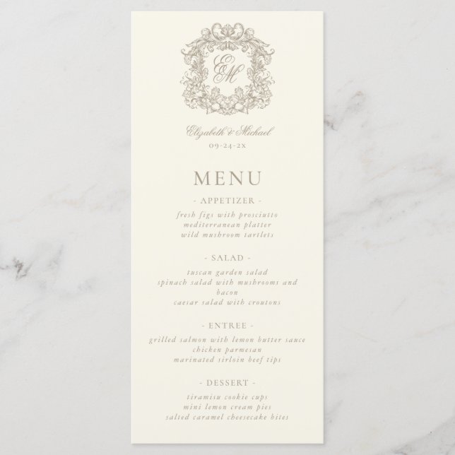 Menu Elegant Formal Monogram Crest Ivory Wedding (Frente)