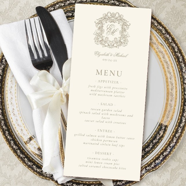 Menu Elegant Formal Monogram Crest Ivory Wedding (Criador carregado)
