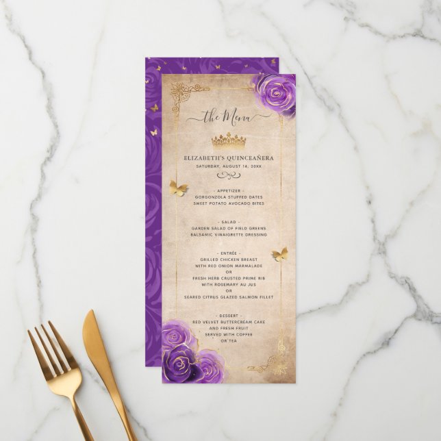 Menu Elegant Gold and Purple Roses Watercolor Floral (Frente/Verso In Situ)