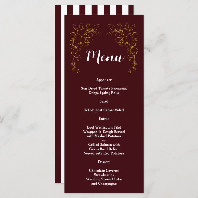 Menu Elegant Gold Floral Deep Burgundy Stripes Wedding  (Frente/Verso)