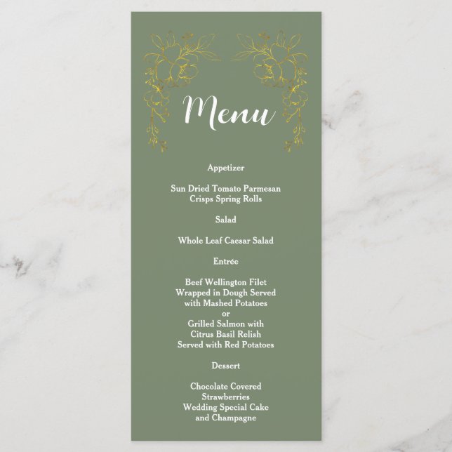 Menu Elegant Gold Floral Sage Green Wedding  (Frente)