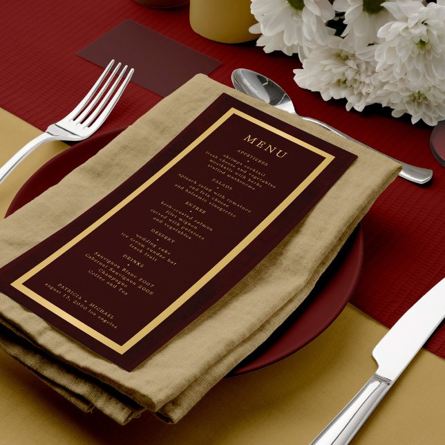 Menu Elegant gold frame dark burgundy modern wedding (Criador carregado)