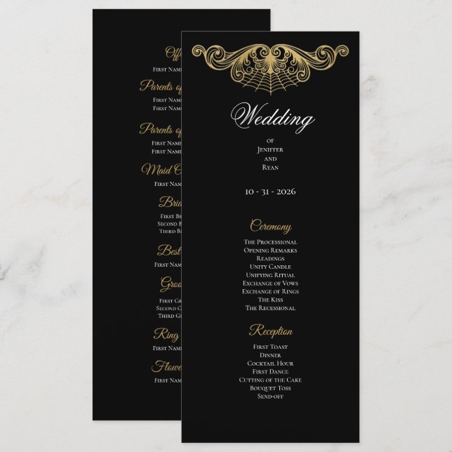 Menu Elegant gold Gothic Wedding Program (Frente/Verso)