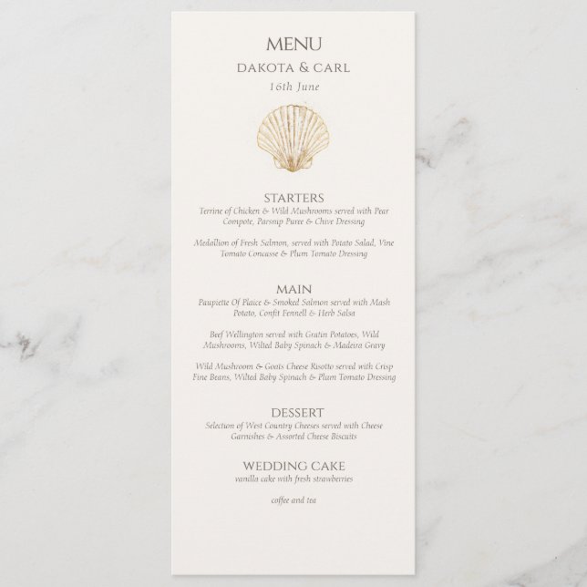Menu Elegant Gold Seashell Creamy Double Side Wedding  (Frente)