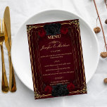 Menu Elegant Gothic Romance Wedding<br><div class="desc">Elevate your reception with this gothic romance wedding menu, featuring a rich burgundy background, elegant typography, and dramatic rose accents. Designed to complement dark romantic and gothic wedding themes, this menu adds a luxurious and moody touch to your table setting. All text is customizable to coordinate perfectly with your wedding...</div>