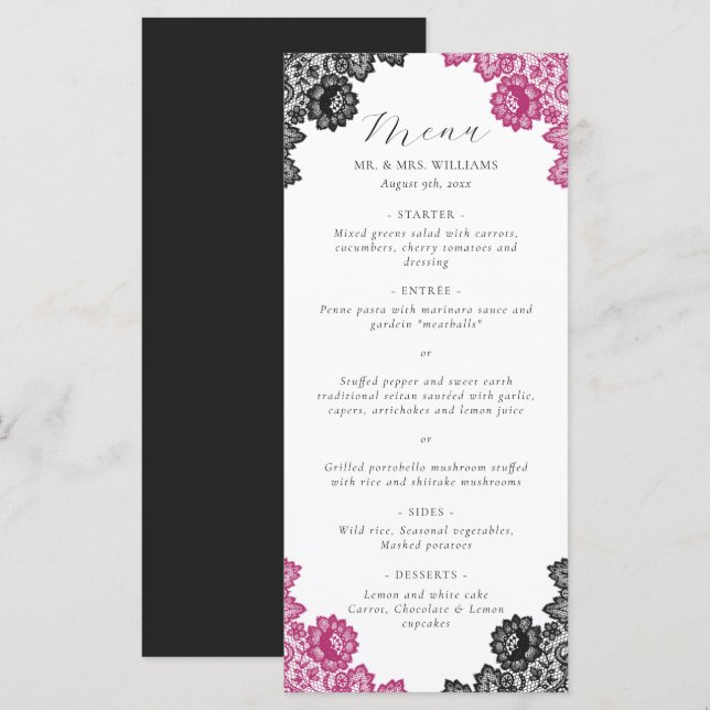 Menu Elegant Hot Pink and Black Floral Lace Wedding (Frente/Verso)