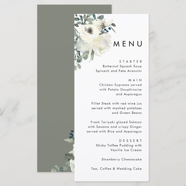 Menu Elegant Minimal Ivory Floral Olive Green Wedding  (Frente/Verso)