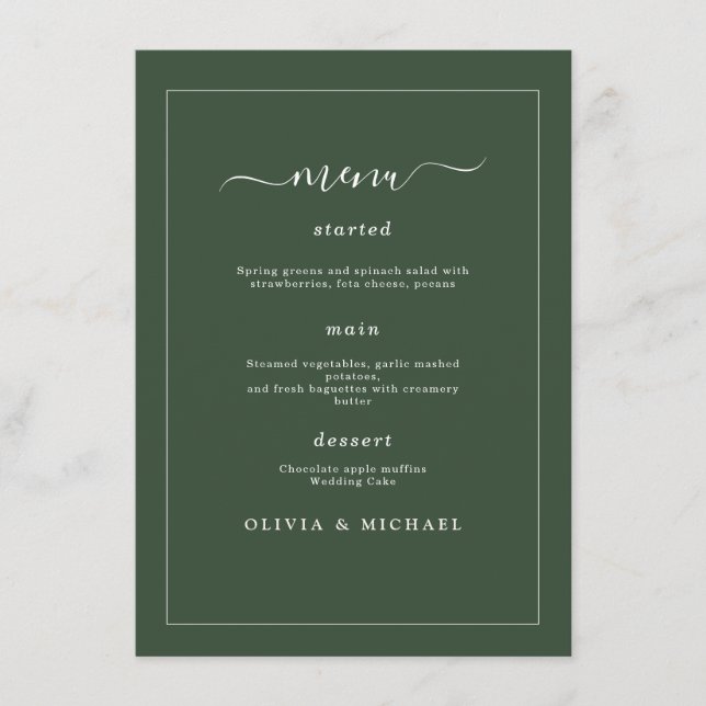Menu Elegant Minimalist Wedding Dark Green Classic Chic (Frente)