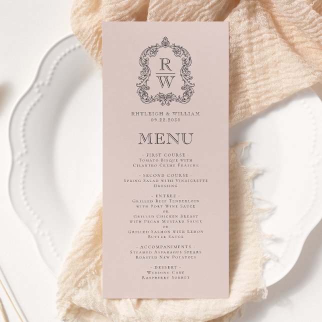 Menu Elegant Monogram Crest Blush Pink Wedding (Criador carregado)