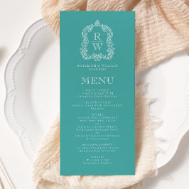 Menu Elegant Monogram Crest Turquoise White Wedding