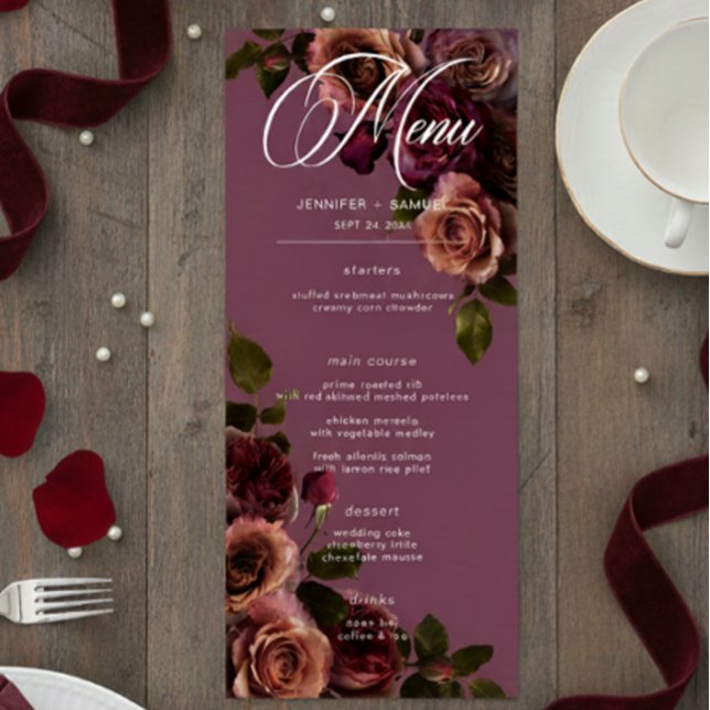 Menu Elegant Moody Soft Rust & Burgundy Floral Wedding (Criador carregado)