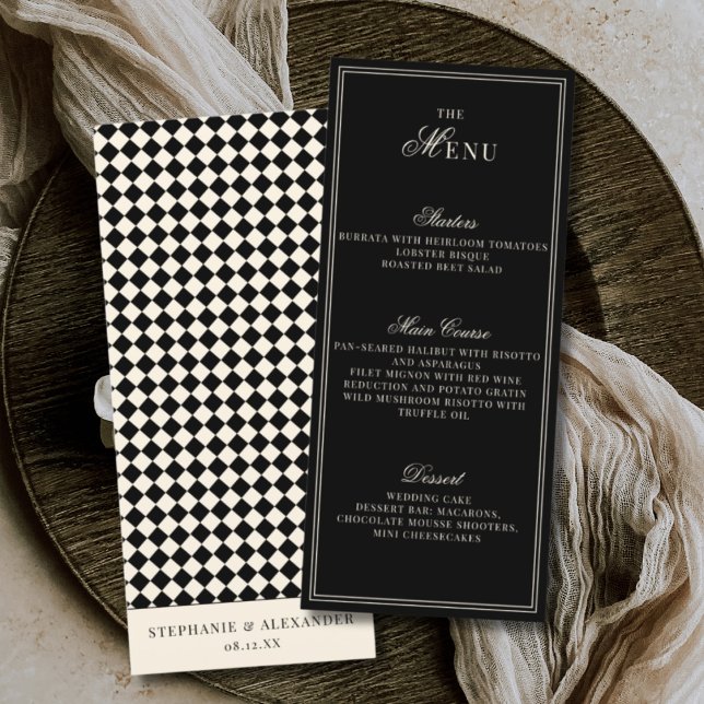Menu Elegant Old Money Black Ivory Checkered Wedding (Criador carregado)
