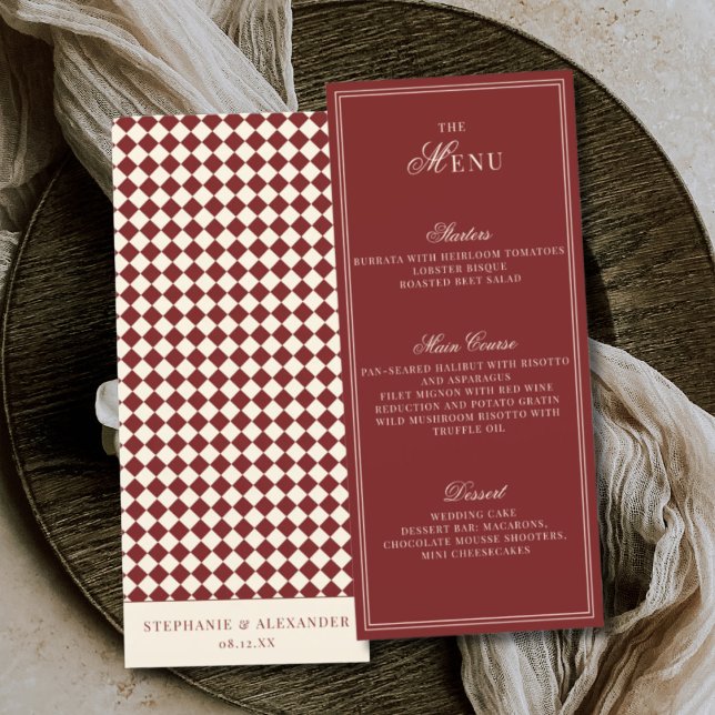 Menu Elegant Old Money Deep Red Ivory Checkered Wedding (Criador carregado)