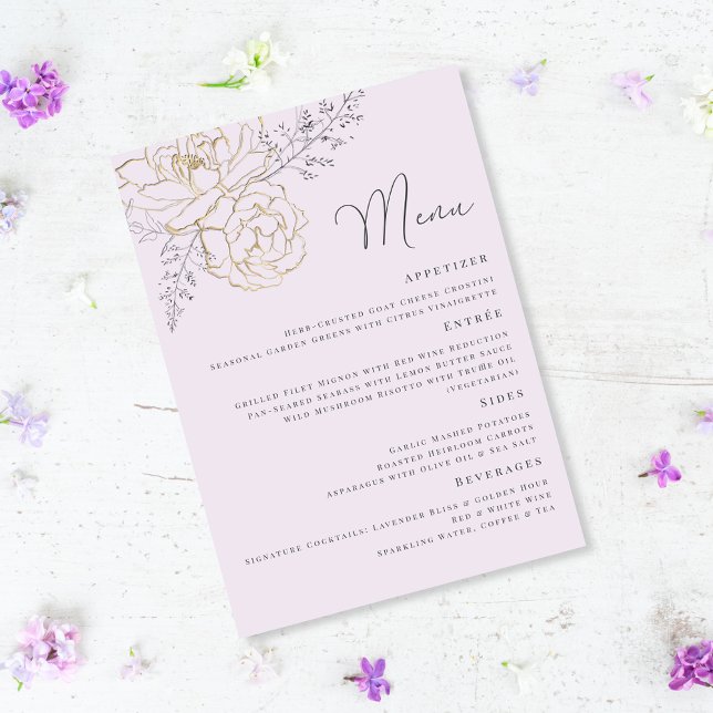 Menu Elegant Purple Gold Floral Wedding (Criador carregado)