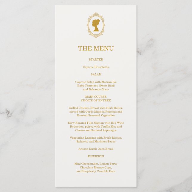 Menu Elegant Regency Era Blue and Gold Bridal Shower (Frente)