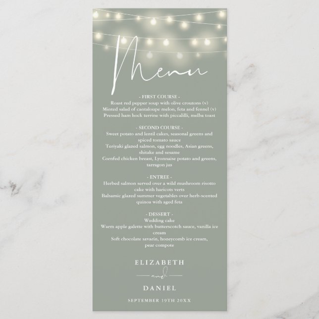 Menu Elegant String Lights Sage Green Wedding Dinner (Frente)
