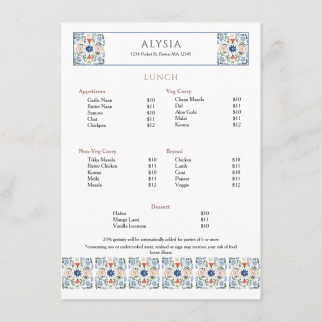 Menu Elegant Tile Design Restaurant Lunch (Frente)