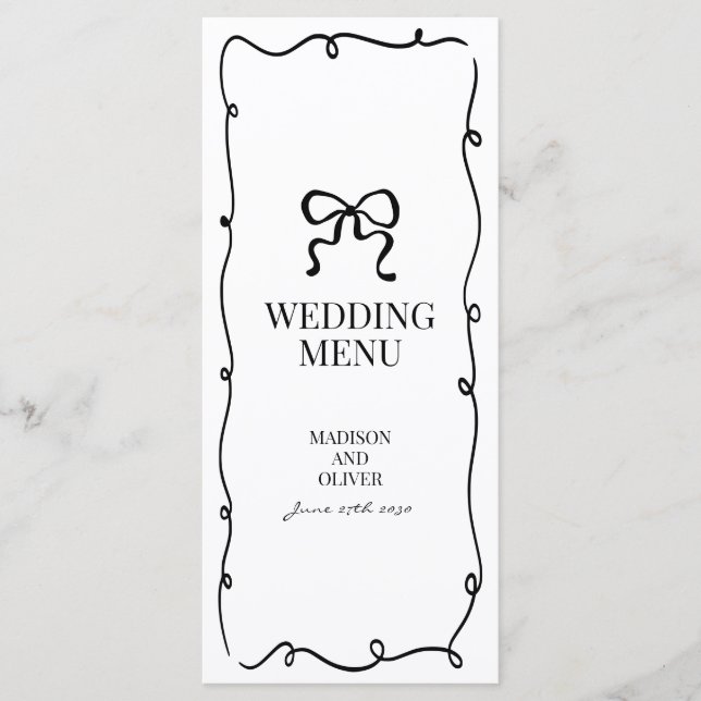 Menu Elegant Whimsical Black Bow Tie Monogram Wedding (Frente)