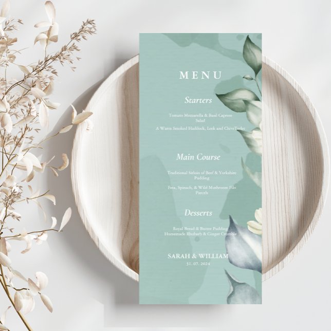 Menu Elegante Aquarela Folhas verdes | Branco (Criador carregado)