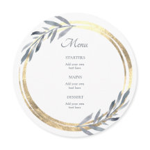 Menu elegante, azul empoeirado e dourado