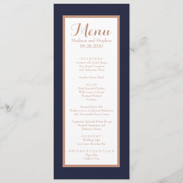 Menu Elegante Azul-Marinho, Branco e Dourado Rosa Falso (Frente)