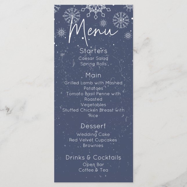 Menu Elegante Blue Snowflake Winter Themed WedeMenu (Frente)