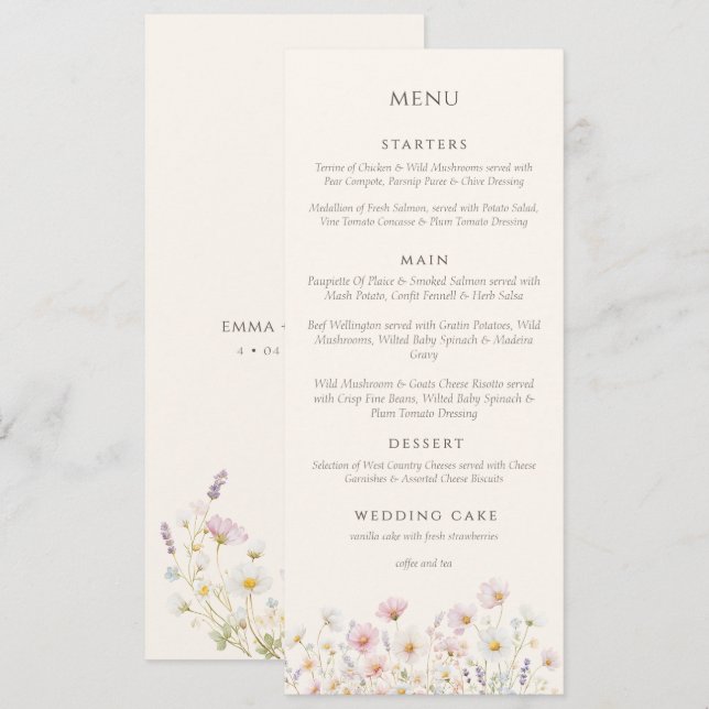 Menu Elegante Boho flores silvestres Casamento Rascunho (Frente/Verso)