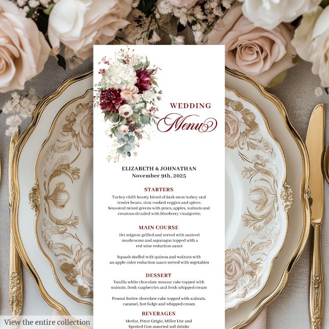 Menu Elegante boho profundo rosa vermelho cardápio (Elegant boho deep red gold roses chic wedding menu)