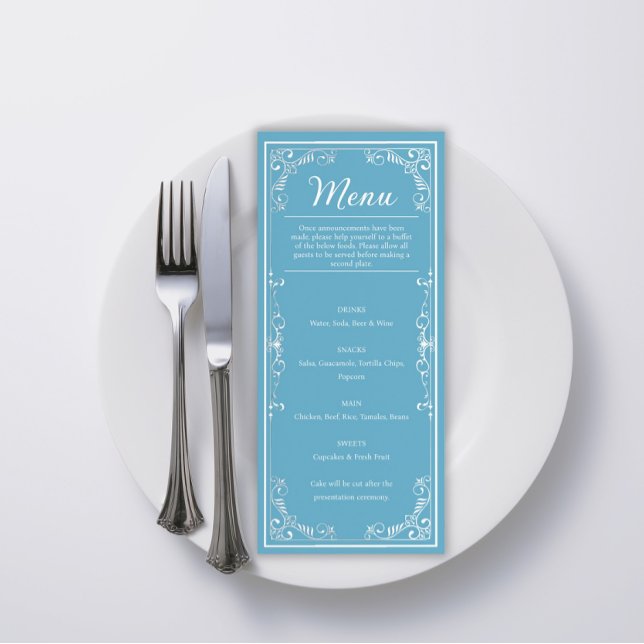 Menu Elegante - Borboleta Azul Claro Quinceañera (Elegant Blue Quince Birthday Menu)