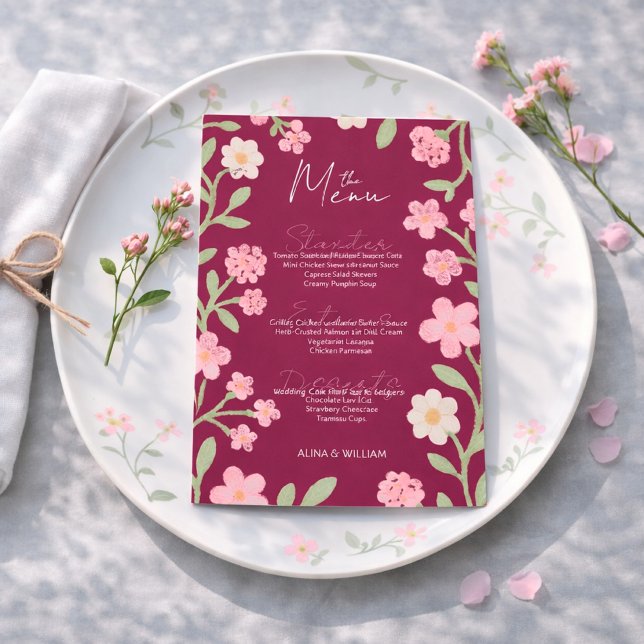 Menu Elegante Borda Floral Rosa Minimal  (Criador carregado)