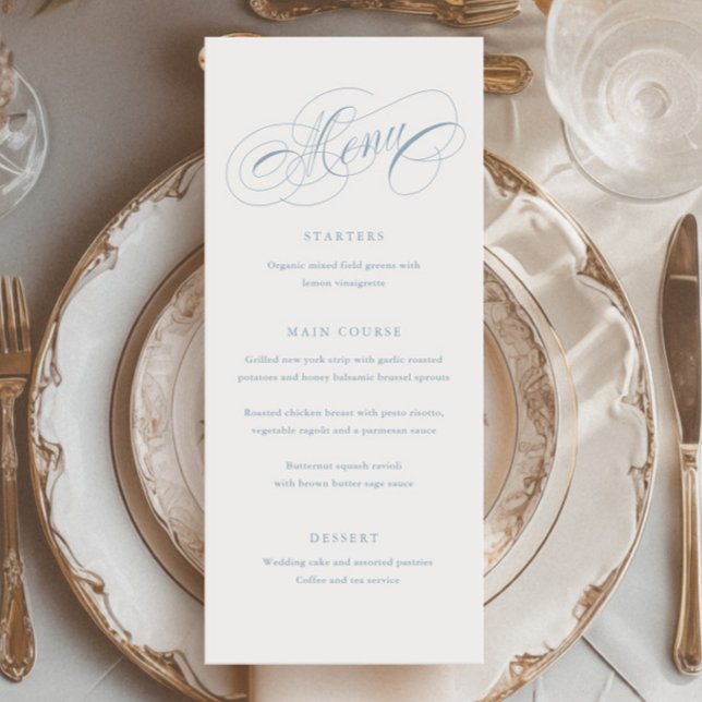 Menu Elegante Caligrafia Alta Script  (Elegant dusty blue script tall dinner menu.)