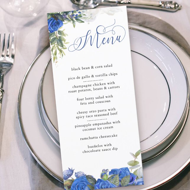 Menu Elegante Calliografia Rosas Azuis e Eucalyptus (Menu with personalized message on the back. Floral blue rose design with elegant calligraphy)