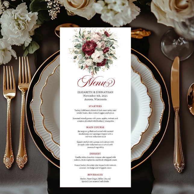 Menu Elegante Cardápio Boho Bordeaux Floral Eucalipto D (Elegant Boho Burgundy Floral Eucalyptus Gold Menu Card)
