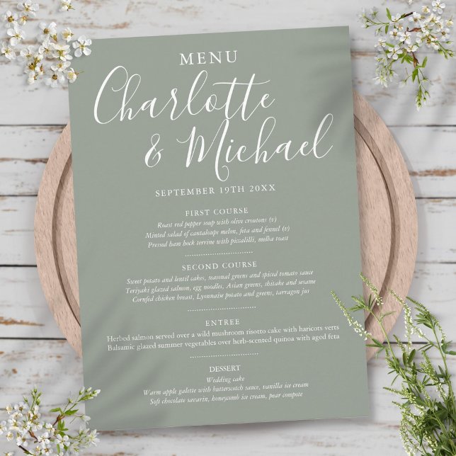Menu Elegante Cardápio de Casamento Assinatura Sage Pra (Elegant Silver Sage Signature Wedding Menu)