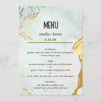 Menu Elegante Cardápio de Casamento Azul e Dourado Sage