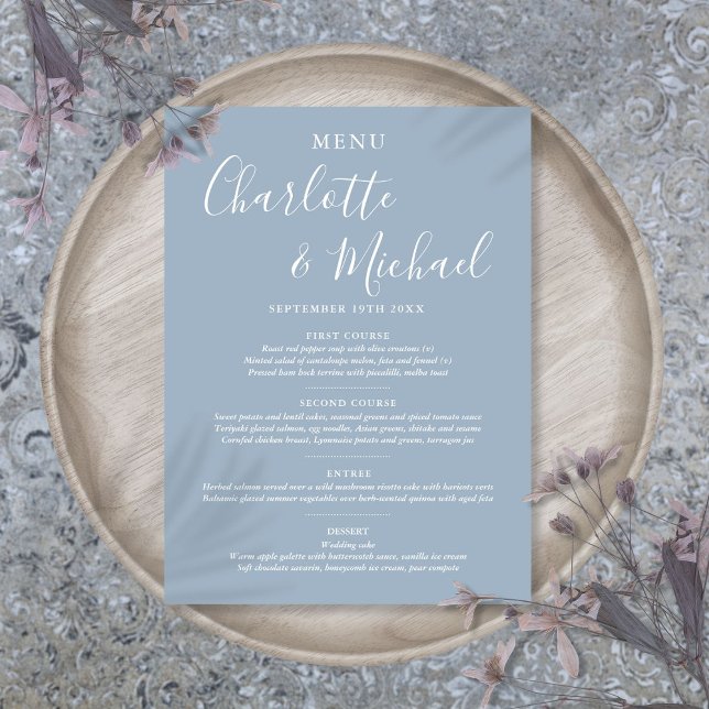Menu Elegante Cardápio de Casamento Azul Empoeirado Per (Elegant Dusty Blue Signature Wedding Menu)
