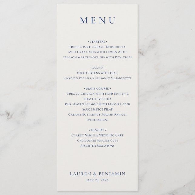 Menu Elegante Cardápio de Casamento Azul Marinho com Se (Frente)