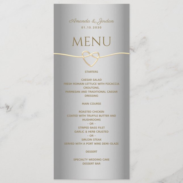 Menu Elegante Cardápio de Casamento em Caligrafia Prata (Frente)