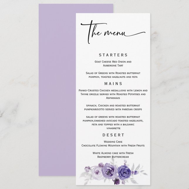 Menu Elegante Cardápio de Casamento em Prata e Roxo (Frente/Verso)
