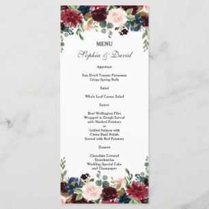 Menu Elegante Cardápio de Casamento Floral Azul Marinho