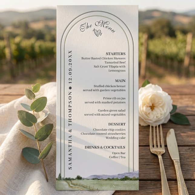 Menu Elegante Cardápio de Casamento Minimalista com Arc (Elegant Sage Green Arch Minimalist Wedding Menu Card)