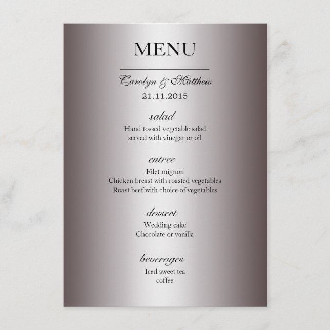Menu Elegante Cardápio de Casamento Prata com Classe (Frente)