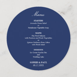 Menu Elegante Cardápio de Casamento Redondo Azul-Marinh