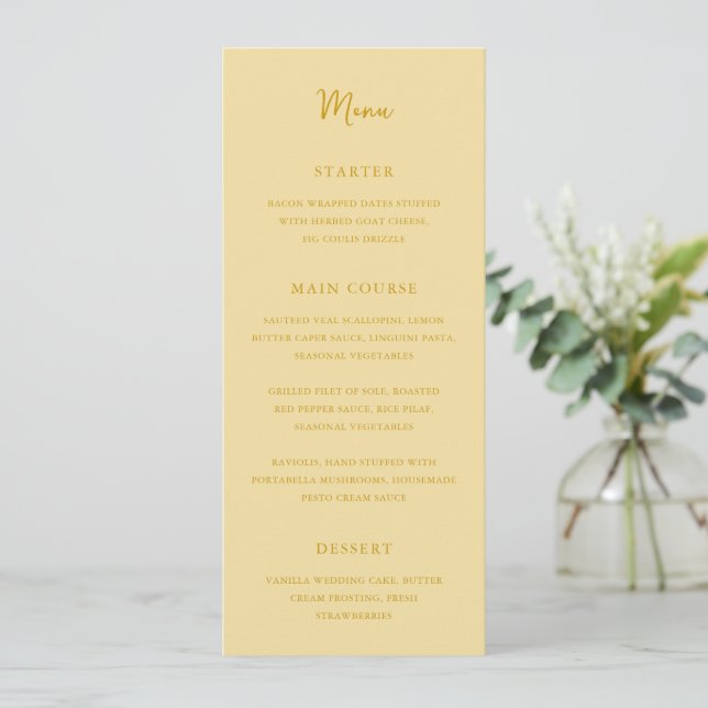 Menu Elegante Casamento Amarelo Manteiga Moderno (Em pé/Frente)