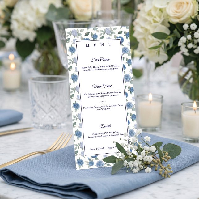 Menu Elegante Casamento Aquarela Rosa Azul Francesa (Bon appétit! 🍽️ Elegant blue floral menus for your perfect tablescape. 💙)