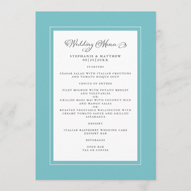 Menu Elegante Casamento Chic Moderno Aqua Green (Frente)