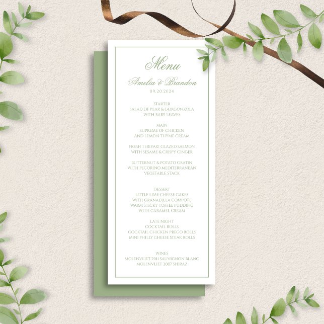 Menu Elegante Casamento com Borda Verde Sálvia e Letra  (Criador carregado)