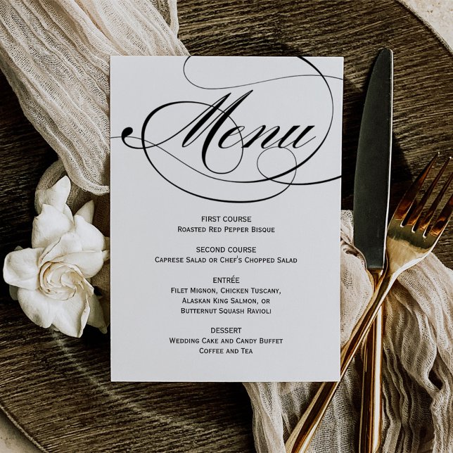 Menu Elegante Casamento com Caligrafia em Preto e Branc (Criador carregado)